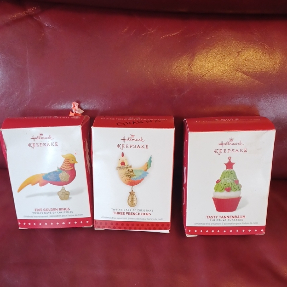 Hallmark Keepsake Ornament Trio - Red and Gold Cupcake, Hens, Rings